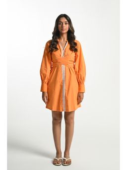 Ayrolane - Tie-Up Waist Tangerine Poplin Mini Dress