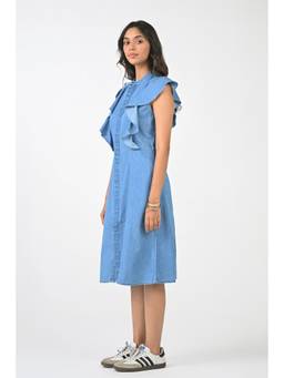 Ayrolane - Ruffled Sleeveless Denim Midi Dress
