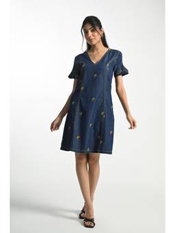 Ayrolane - Embroidered Flowers Navy Blue Denim Short Dress