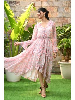 Ayrolane - Pink Floral Printed Chiffon Ruffled Dress with Belt