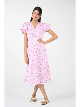 Ayrolane - Puff Sleeves Pink Printed V-Neck Dress