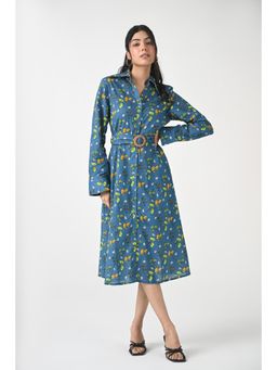 Ayrolane - Button Down Printed Blue Dress with Buckle Belt