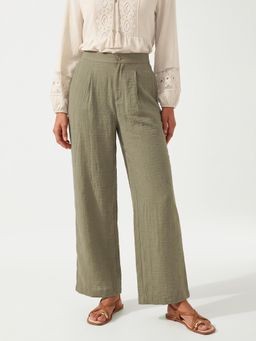 max - Womens Green Solid Wide Leg Trouser