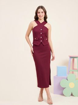 JAKANARY - Womens Maroon Halter Neck Skirt with Top