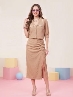 JAKANARY - Womens Beige Pastels Self Design Top with Skirt