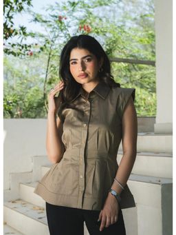Sugnaa - Muted Brown Cotton Satin Clinched Waist Top