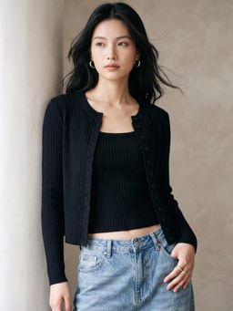 Outzidr - Black Stripes Textured Cardigan with Top