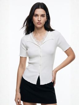 Outzidr - Lace Inserts White Collared V Notch Top