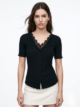 Outzidr - Lace Inserts Black Collared V Notch Top