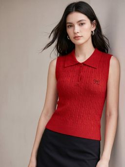 Outzidr - Bow Embroidery Red Cable Textured Polo Top