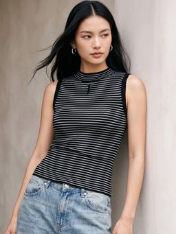 Outzidr - Grey High Neck Mock Buttoned Stripes Tank Top