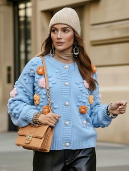 Magre - Women Blue Self Design Cardigan