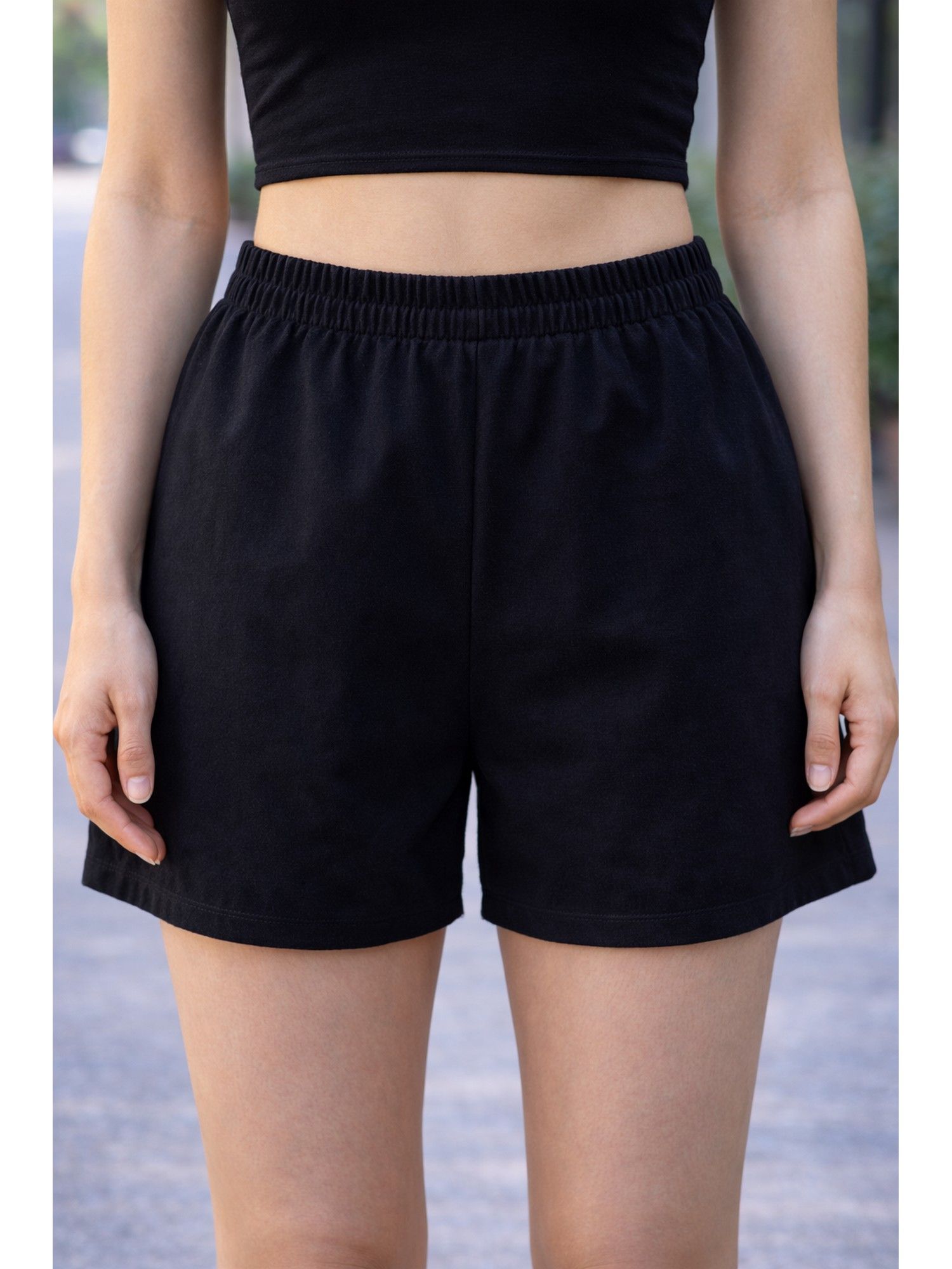 nobarr Women Black Solid Elastic Waist Casual Shorts-picture-23