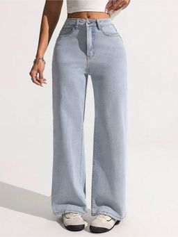 Outzidr - Women Blue High-Rise Wide Denim Jeans