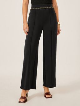Outzidr - Women Black Printed Wide Fit Pant with Belt