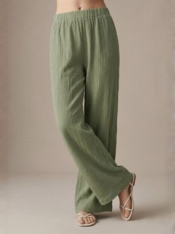 Outzidr - Women Green Textured Wide Fit Pant