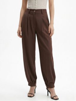 Outzidr - Women Brown High Waist Pleated Ankle Length Pant