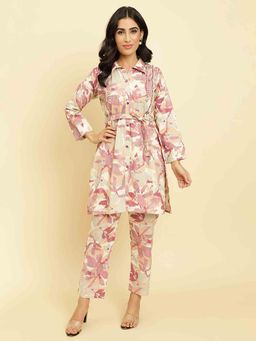 Varanga - Pink Collar Neck Kurta with Trouser and Belt (Set of 3)