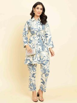 Varanga - Blue Collar Neck Kurta with Trouser and Belt (Set of 3)