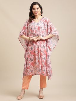 Varanga - Peach V-Neck Kaftan with Trouser (Set of 2)