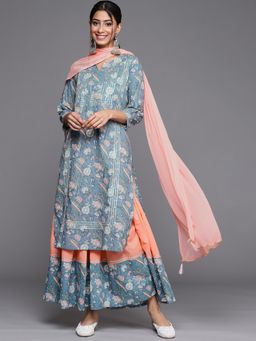 Varanga - Blue Round Neck Kurta with Sharara and Dupatta (Set of 3)