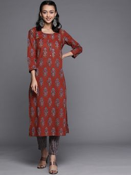Varanga - Rust Round Neck Kurta with Trouser (Set of 2)