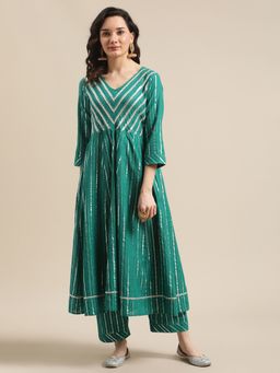Varanga - Green V-Neck Anarkali Kurta with Trouser (Set of 2)