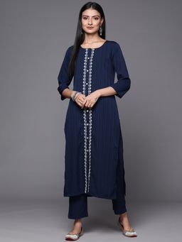 Varanga - Navy Blue Round Neck Kurta with Trouser (Set of 2)