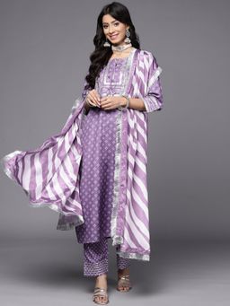 Varanga - Purple Round Neck Kurta with Trouser and Dupatta (Set of 3)