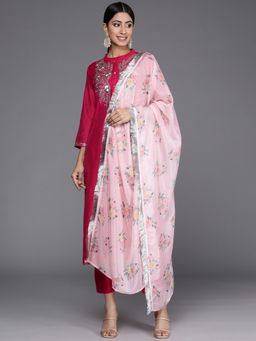 Varanga - Magenta Mandarin Neck Kurta with Trouser and Dupatta (Set of 3)