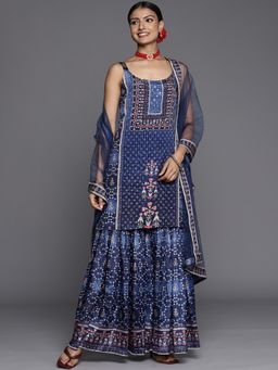 Varanga - Blue Shoulder Straps Kurta with Sharara and Dupatta (Set of 3)