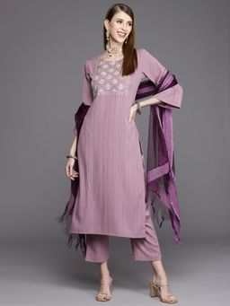 Varanga - Mauve Round Neck Kurta with Trouser and Dupatta (Set of 3)