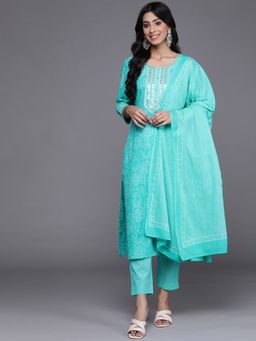 Varanga - Blue Round Neck Kurta with Trouser and Dupatta (Set of 3)