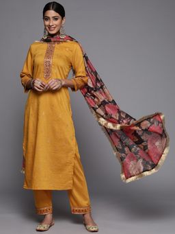 Varanga - Mustard Round Neck Kurta with Trouser and Dupatta (Set of 3)