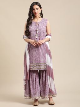 Varanga - Lavender Keyhole Neck Kurta with Sharara and Dupatta (Set of 3)
