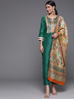 Varanga - Turquoise Round Neck Kurta with Trouser and Dupatta (Set of 3)