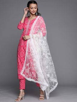 Varanga - Pink Round Neck Kurta with Trouser and Dupatta (Set of 3)