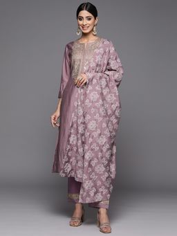 Varanga - Mauve Round Neck Kurta with Trouser and Dupatta (Set of 3)