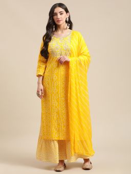 Varanga - Yellow Round Neck Kurta with Sharara and Dupatta (Set of 3)