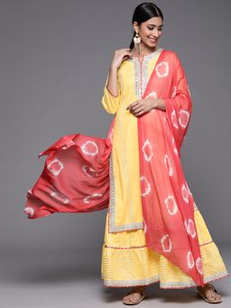 Varanga - Yellow Round Neck Kurta with Sharara and Dupatta (Set of 3)