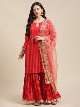 Varanga - Red Keyhole Neck Kurta with Sharara and Dupatta (Set of 3)