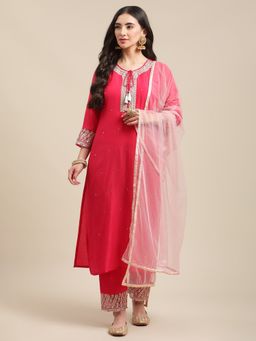 Varanga - Pink Keyhole Neck Kurta with Trouser and Dupatta (Set of 3)