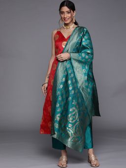 Varanga - Red Shoulder Straps Kurta with Trouser and Dupatta (Set of 3)