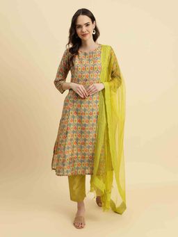 Varanga - Green Round Neck Kurta with Trouser and Dupatta (Set of 3)