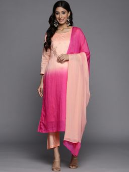 Varanga - Peach Round Neck Kurta with Trouser and Dupatta (Set of 3)