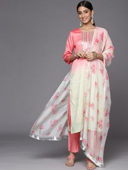 Varanga - Pink Round Neck Kurta with Trouser and Dupatta (Set of 3)