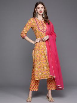 Varanga - Yellow Round Neck Kurta with Trouser and Dupatta (Set of 3)