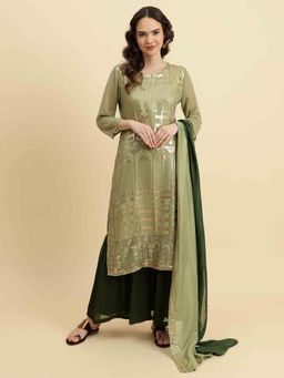Varanga - Green Round Neck Kurta with Sharara and Dupatta (Set of 3)