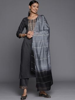 Varanga - Grey Round Neck Kurta with Trouser and Dupatta (Set of 3)
