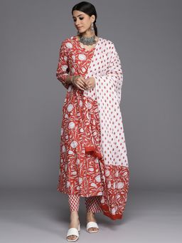 Varanga - Red V-Neck Anarkali Kurta with Trouser and Dupatta (Set of 3)